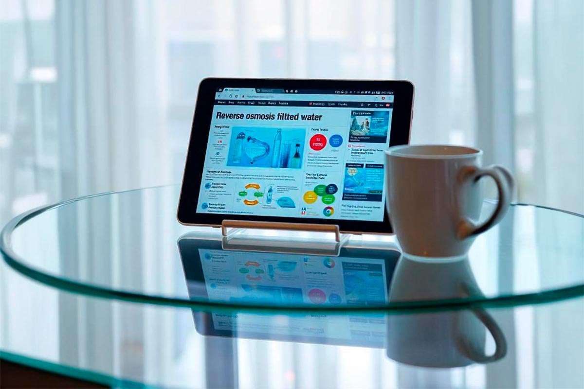 Imagen luminosa donde hay una tablet encima de una mesa de cristal donde se aprecia en la pantalla una noticia sobre osmosis en inglés. Al lado hay una taza blanca y de fondo unas cortinas blancas.