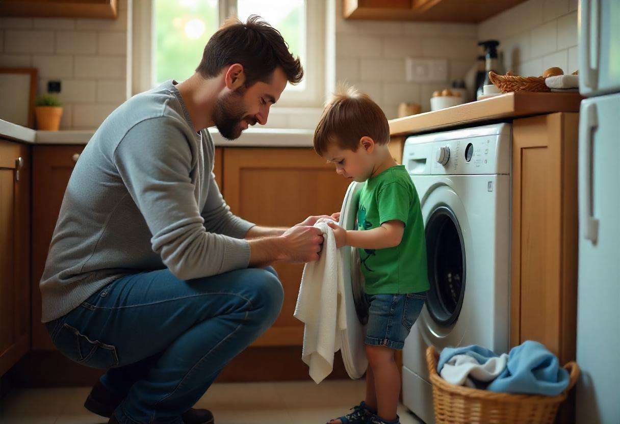 Hombre y niño pequeño en cocina luminosa frente a lavadora sujetando una toalla