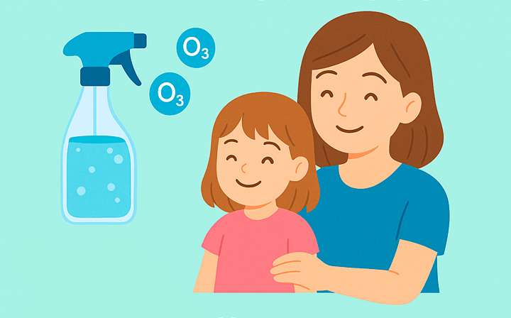 Ilustración de una madre y una niña sonrientes con un pulverizadorque desprende agua ozonizada