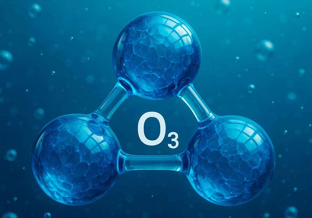 Composición de una molécula de ozono con tres átomos entrelazados.