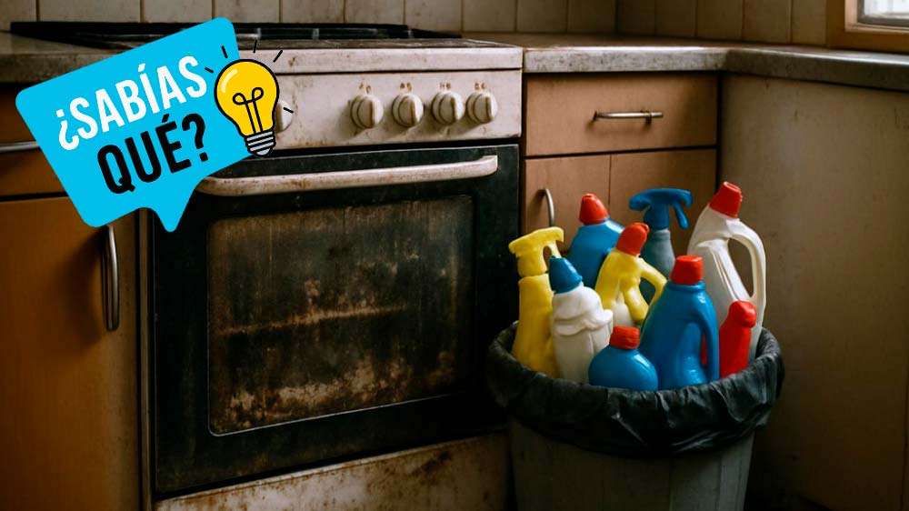 Cocina con horno lleno de grasa y un cubo de basura al lado lleno de botellas de productos químicos.