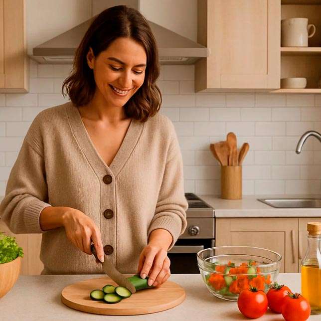 En nuna cocina iluminada, una mujer sonriendo corta hortalizas sobre superficie de madera.