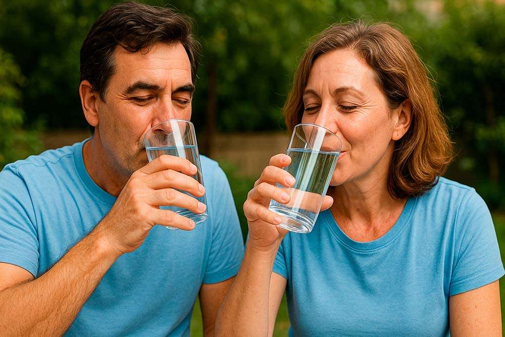 Pareja de hombre y mujer, en entorno natural, en primer plano, con camisetas azules ambos, beben agua cristalina en un vaso.
