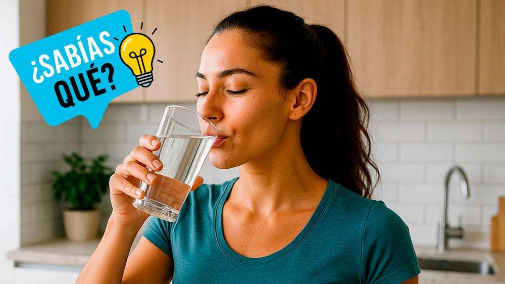 Primer plano de mujer joven en una cocina bebiendo agua de un vaso de cristal. en la esquina superior izquierda un sticker formado por un bocadillo con la frase "¿Sabías qué?" y bombilla iluminada.