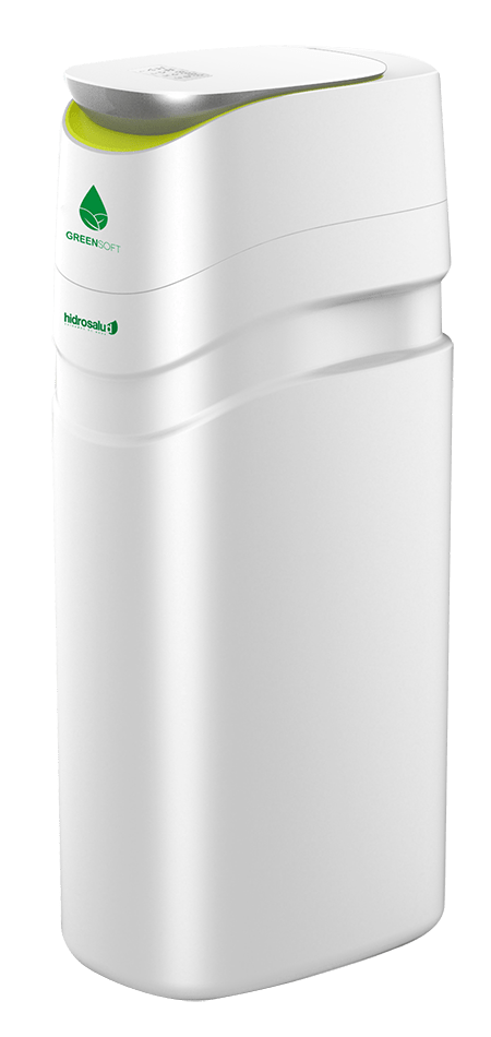 Descalcificador GREENSOFT de Hidrosalud en forma de torre de color blanco