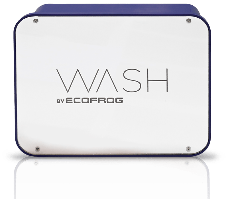 Máquina WASH by ECOFROG en color plateado tipo inox, con el logotipo en la parte central y con su reflejo proyectado en la base de la imagen.