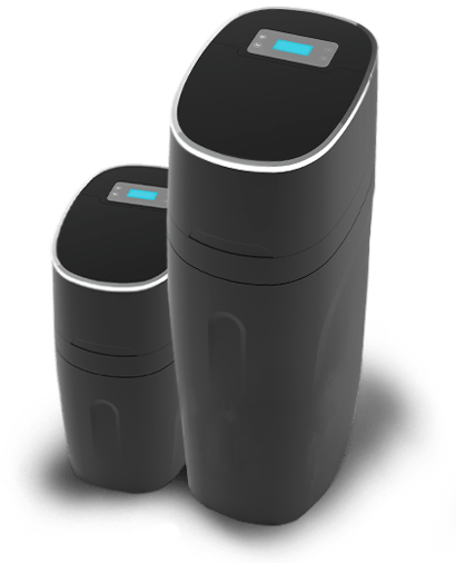 Descalcificadores PUREBLACK de Hidrosalud en dos tamaños con forma de torre, con dos capacidades