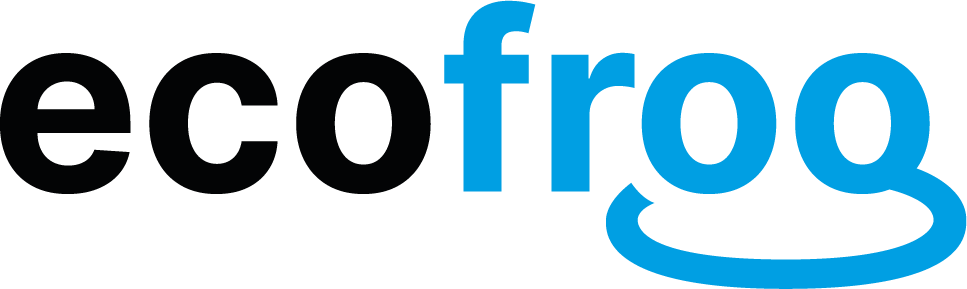 Logotipo de la marca ECOFROG en color negro y azul cyan.