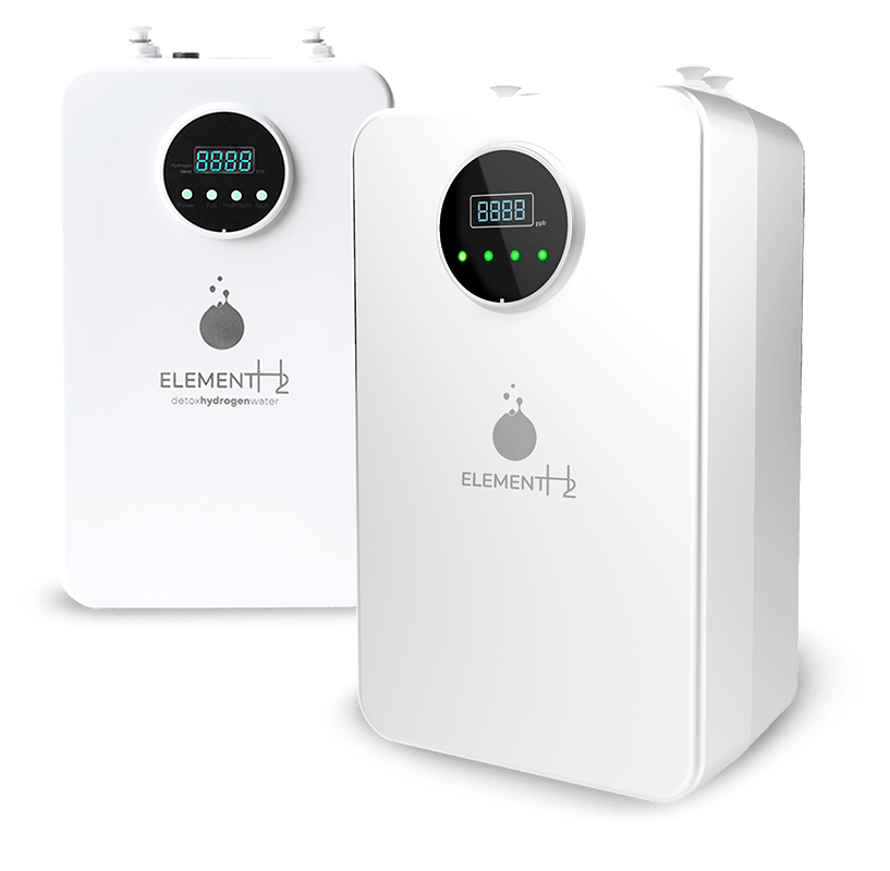 Dispositivos en vista ladeada y frontal, en color blanco, con display circular, del sistema de agua hidrogenada ELEMENTH2 de Hidrosalud